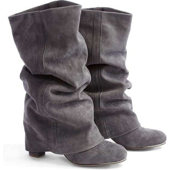 Grey Suede Turn-Over Calf Boots