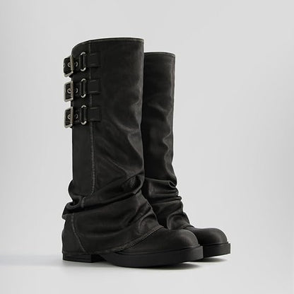 AMILIA KNEE HIGH BLACK BUCKLE BOOTS