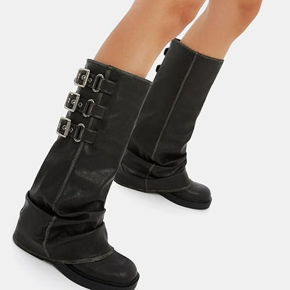 AMILIA KNEE HIGH BLACK BUCKLE BOOTS