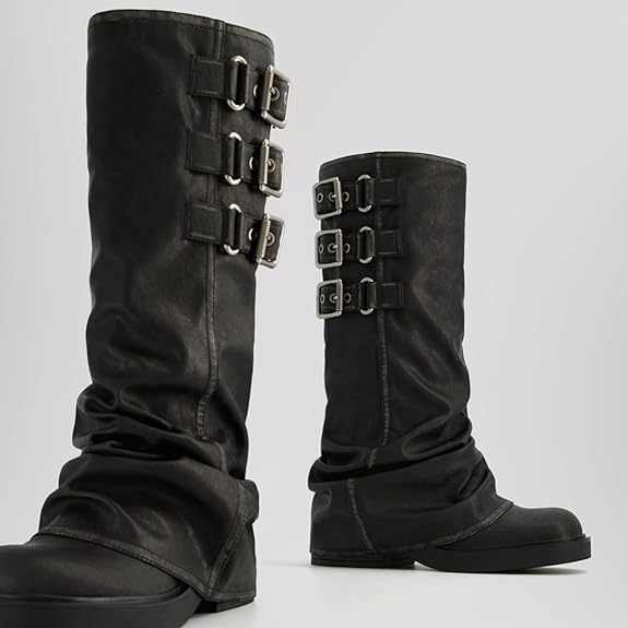 AMILIA KNEE HIGH BLACK BUCKLE BOOTS