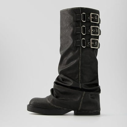 AMILIA KNEE HIGH BLACK BUCKLE BOOTS