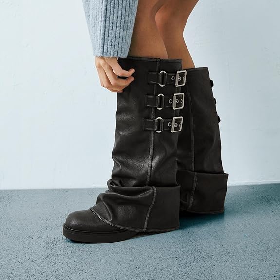 AMILIA KNEE HIGH BLACK BUCKLE BOOTS