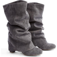 Grey Suede Turn-Over Calf Boots
