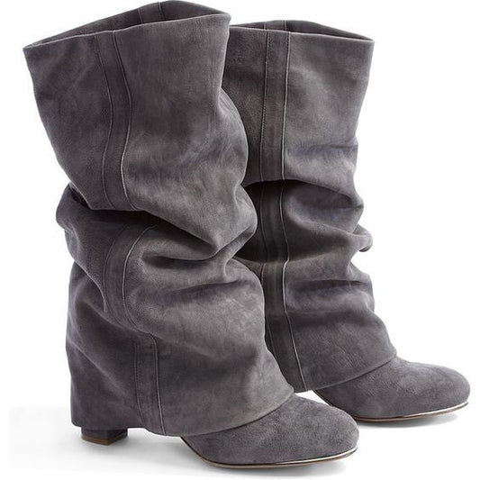 Grey Suede Turn-Over Calf Boots